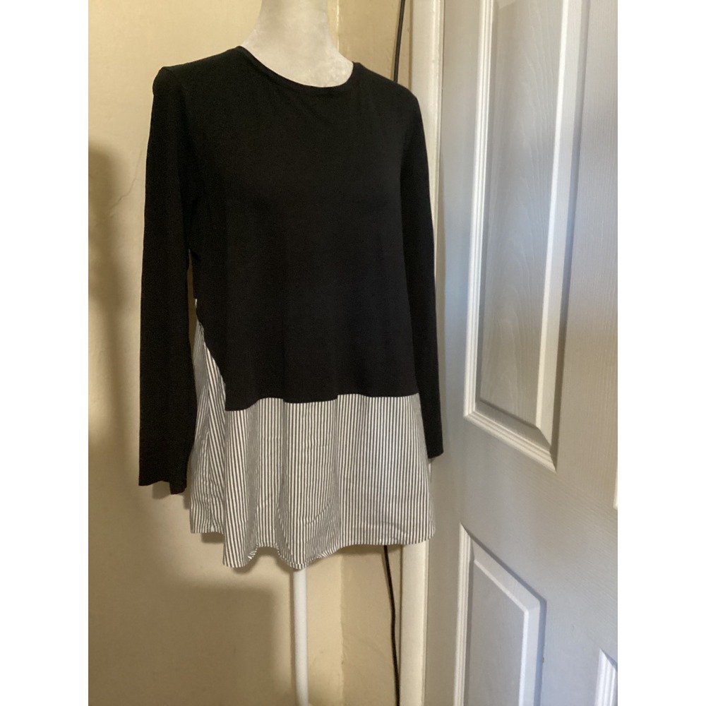 J. Jill Womens Black Mixed Media Striped Hem Tunic Top Long Sleeve Medium